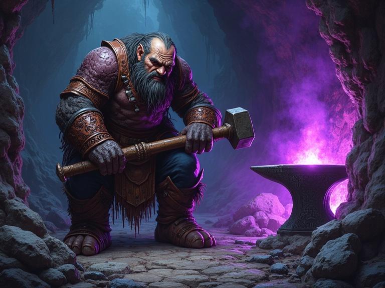 A malevolent dwarf named Kherab in the dark caves of Darkforge, holding a hammer near an anvil and smithing forges. He mutters to himself as he hammers steel, planning sinister creations. A purple aura of chaos glows around him.