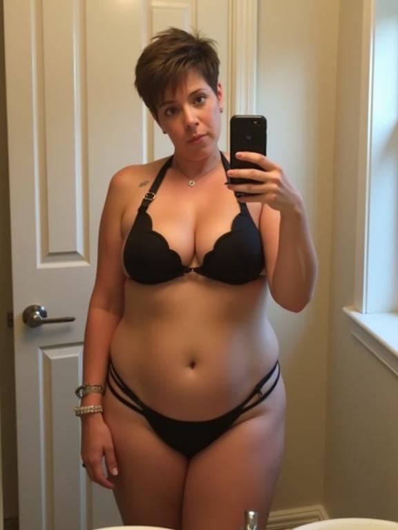 Selfie of a woman in a bikini taken in a bathroom mirror. The woman is standing facing the mirror. She has short hair and wide hips. The image shows her full body.
