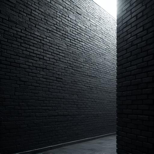 A towering wall constructed from black bricks. White light shines from behind the wall. Additional white light filters through the bricks.
