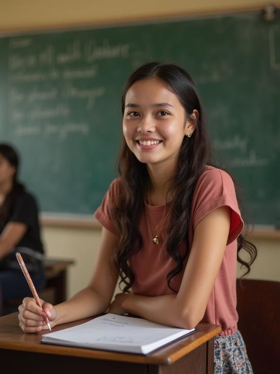 Student in a classroom writing notes with a pencil. Natural classroom environment with a blackboard in the background. Warm colors and soft lighting create a wholesome atmosphere. Captivating ambiance indicative of educational engagement.