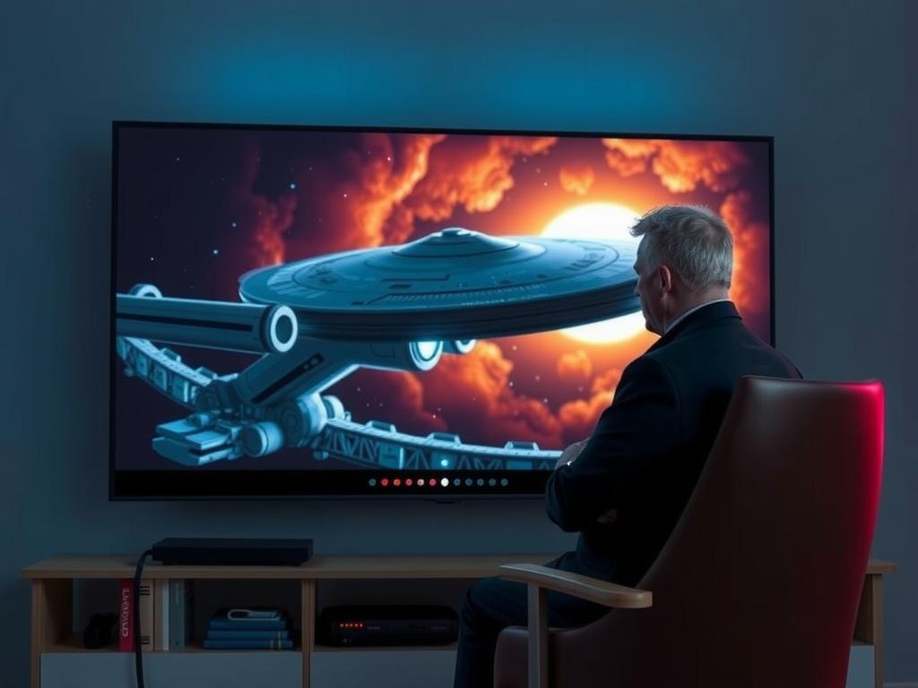 A person sits in a dimly lit room, captivated by a large screen displaying a futuristic spaceship against a cosmic backdrop.