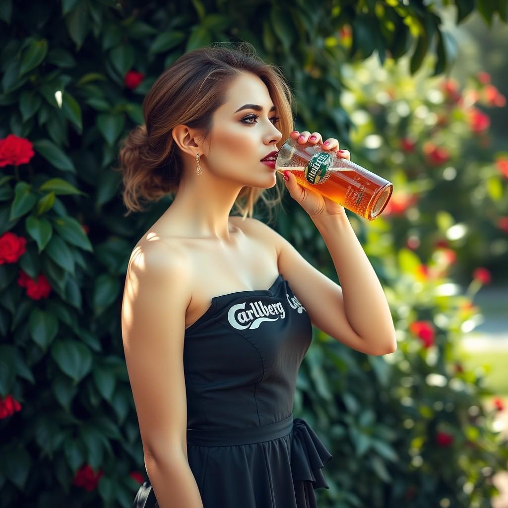 A woman in a Carlsberg-themed outfit enjoys a drink in a lush garden setting.