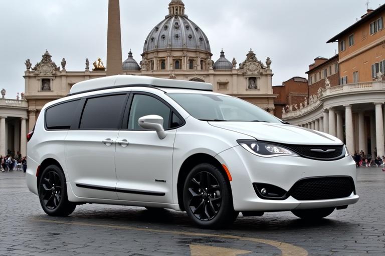 White Chrysler Pacifica designed as a popemobile parked in St. Peter's Square. Next to it is a white Challenger Hellcat. The background features the Vatican architecture.