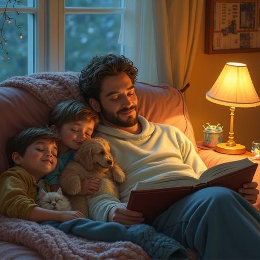 Adorable dad asleep on a cozy couch with open book in hands. Two small children curled up on either side. Fluffy dog draped across legs and cat snoozing on chest. Warm lighting from lamp. Gentle smiles on kids' faces. Room filled with warmth and comfort. Knitted blanket, storybooks, peaceful evening atmosphere. Soft textures, pastel tones, realistic look with slight whimsy.