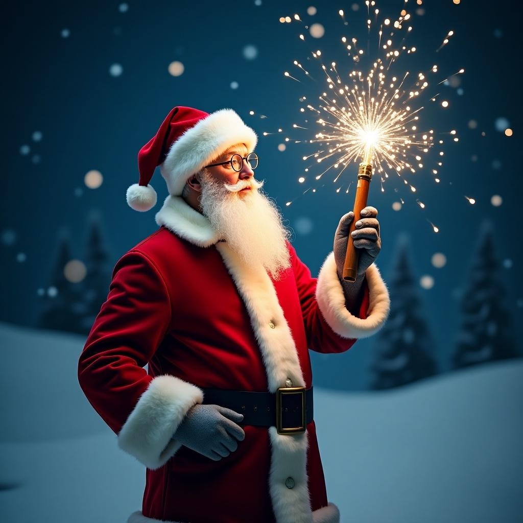 Santa Claus character in red costume holds sparkling wand. Wand creates magical effects in the sky. Winter landscape with snow and festive atmosphere.