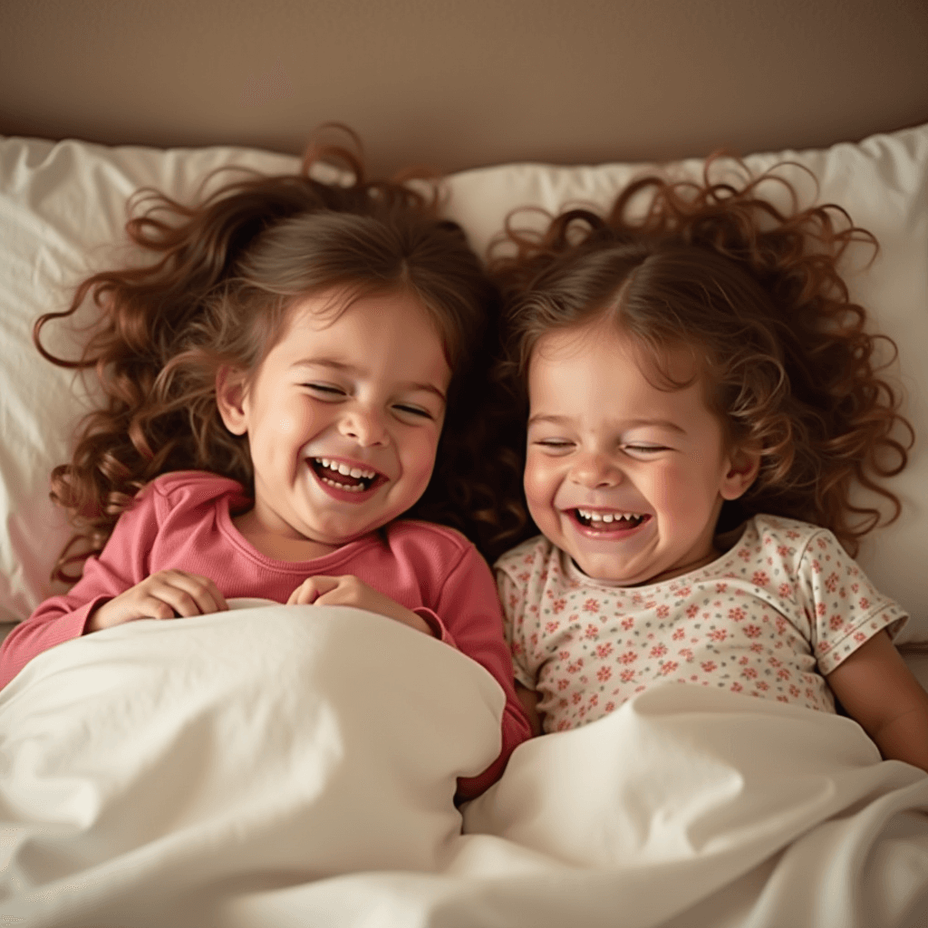 Two young children with curly hair joyfully sharing a bed under warm blankets.