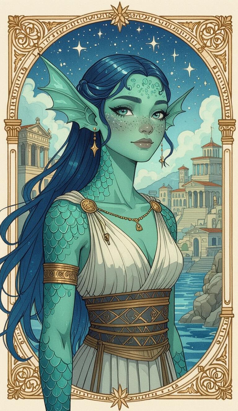 Dark watercolor illustration of a Triton female with green-blue scaled skin. She wears ancient Greek-style clothing. Background shows an Ancient-Grecian-Fantasy port city. Character has long blue-green hair. Emphasizes a youthful appearance and connection to stars.