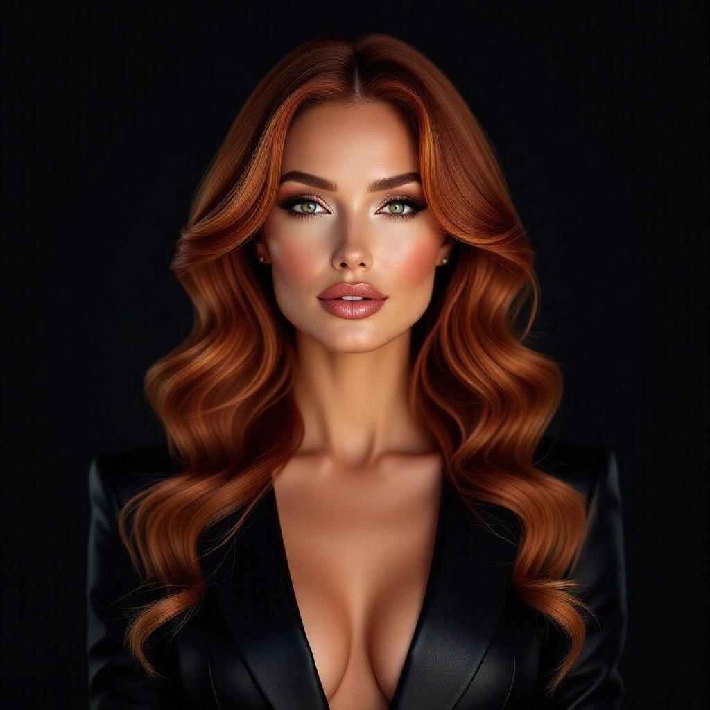 Realistic portrait of a confident woman with long wavy strawberry-blonde hair, flanked by a dark background. Features sharp cheekbones, expressive eyes, full lips, and an elegant hourglass figure. Wearing a deep V-cut black outfit made of silk and leather. The image conveys power and mystery with lifelike textures.
