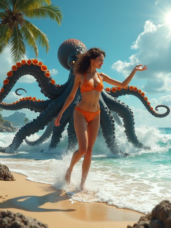 A fantasy scene at the beach with a cheerful girl in a swimsuit. The girl dances near a large black and orange octopus. It is a beautiful sunny day with rough sea waves. Palm trees are in the background.