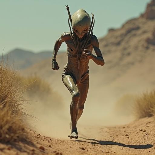 Naked alien figure running in a desert landscape with a blurred background