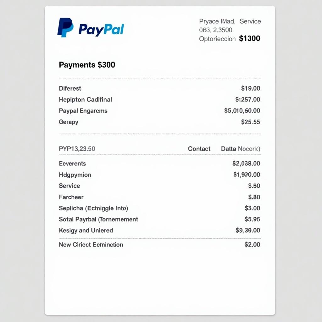 Image depicts a PayPal payment receipt. It shows a payment of $300. Several items and amounts are listed. PayPal logo is visible at the top. Contact information is included for transparency. The design is clean and professional.