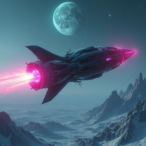 Rocket gliding over a surreal twin-moon landscape. The design features tendril engines and a pulsating core. The setting includes a high-concept sci-fi style with cold starlight reflections. The color scheme focuses on teal, black, and glowing magenta. Ultra-high resolution artwork.