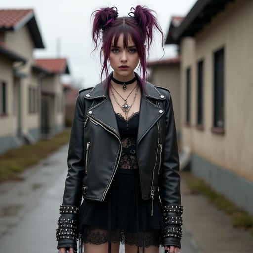 Goth punk female with light hazel eyes black eyeliner colorful hair in two loose buns. Standing in subdivision alley. Wears black leather studded biker jacket and lace short skirtdress. Displaying nail rings.