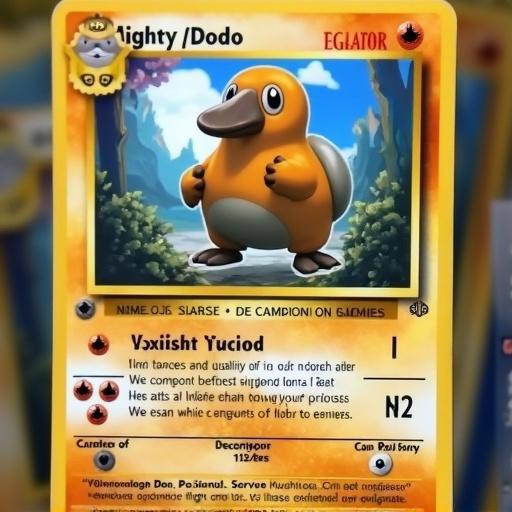 Pokemon trading card features a dodo. Card title Mighty Dodo. Description includes a humorous mention of tripping over its own feet while confronting enemies.