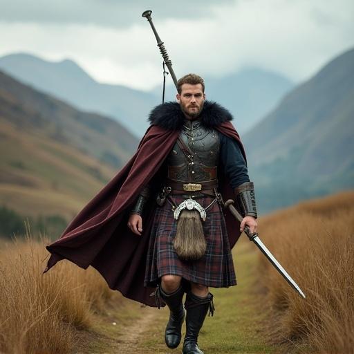 Scottish warrior in kilt returning home from battle. Background shows mountains and grassland. Warrior holds a sword and wears armor with a fur cloak. He walks confidently on the path home.
