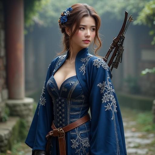 Female scout named Clarisse in deep indigo armor. Armor has cherry blossom and wave embroidery. She carries a yumi bow and a pouch. Chestnut brown hair styled with waves and a kanzashi. Background is a medieval training ground with ruins and mist.