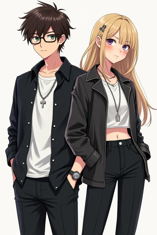 Two university students in manhwa style. A tall boy with brown hair and green eyes in a black shirt and pants with a cross necklace. A girl with black long hair and purple eyes in a white crop top with a black leather jacket and black pants. Both stand together, full body.
