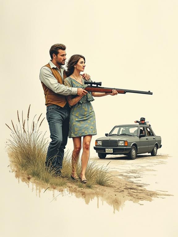 Couple holds shotgun. Car is parked on the side. Police pursuit scene. Hand-drawn illustration style. Expressive lines dominate. Subtle shading enhances details. Natural forms evident. Composition feels organic. Vintage illustration vibe presents. Professional sketchbook quality shines through. Natural colors complement soft watercolor accents.