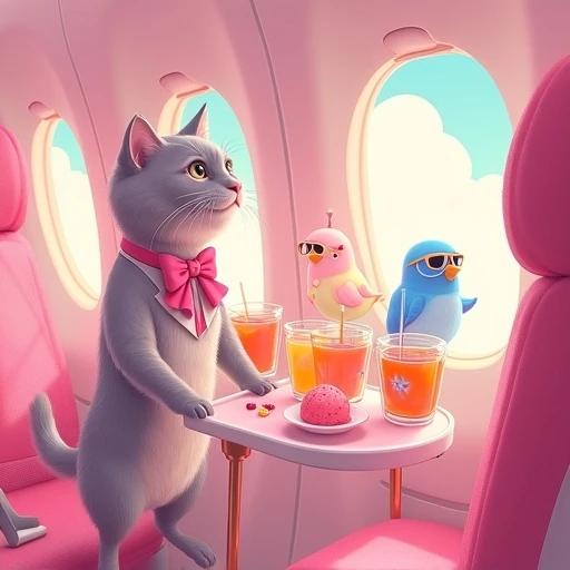 A cat stewardess with a bow tie pushes a drink cart on a cloud plane. Star-shaped cups hold rainbow juice. Outside the window, birds in pilot glasses fly by. Clouds resemble cotton candy. The cat is positioned on the left while the plane interior fills the frame. Soft pink colors and rounded lines create warmth and comfort.