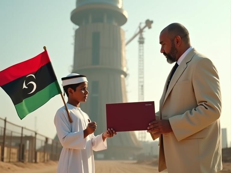 A young boy dressed in white holds the Libyan flag and receives a dark red card from an architect at a construction site. The image features a futuristic tower in the background, evoking a cinematic feel.