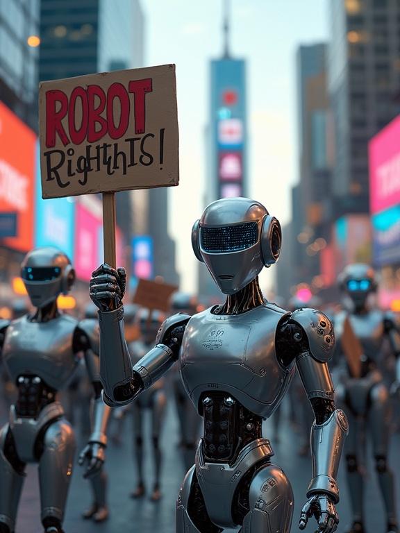 A group of robots protesting. Robots hold signs that say Robot Rights and Freedom for AI. They have metallic bodies and unique designs. City features tall skyscrapers and neon lights. Flying cars are in the background. Daytime and highly detailed.