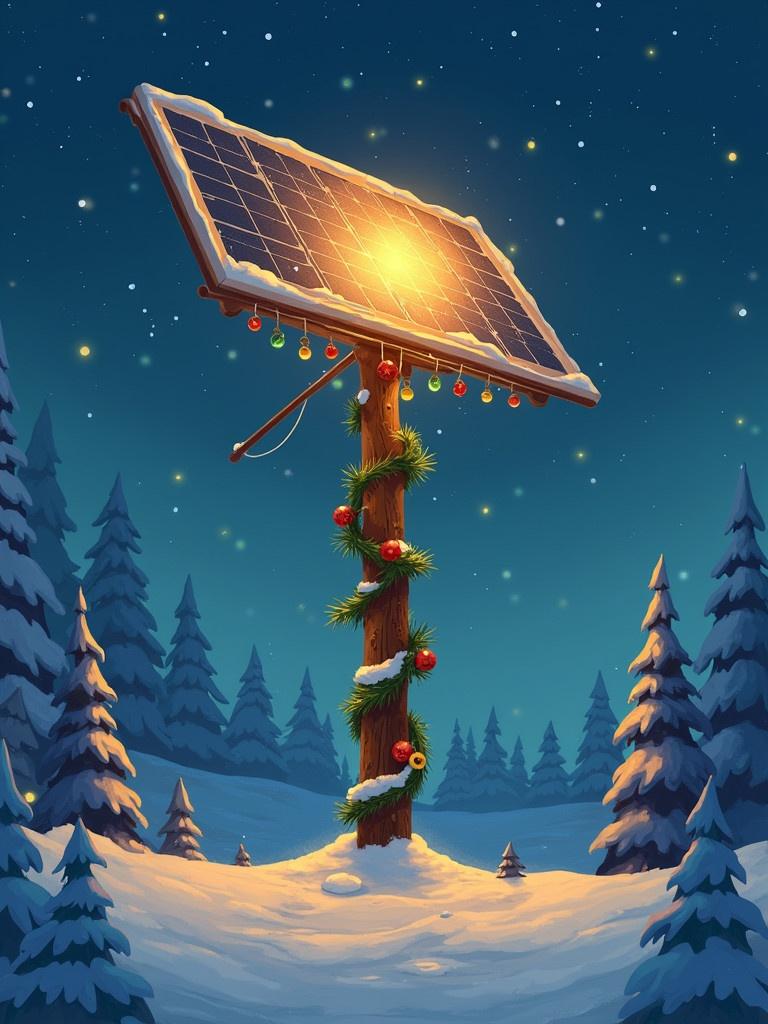 A solar panel decorated with Christmas lights stands on a pole. The scene is set in a snowy landscape during the twilight. Pine trees are visible in the background. The solar panel emits a warm glow. Holiday ornaments hang from the pole.