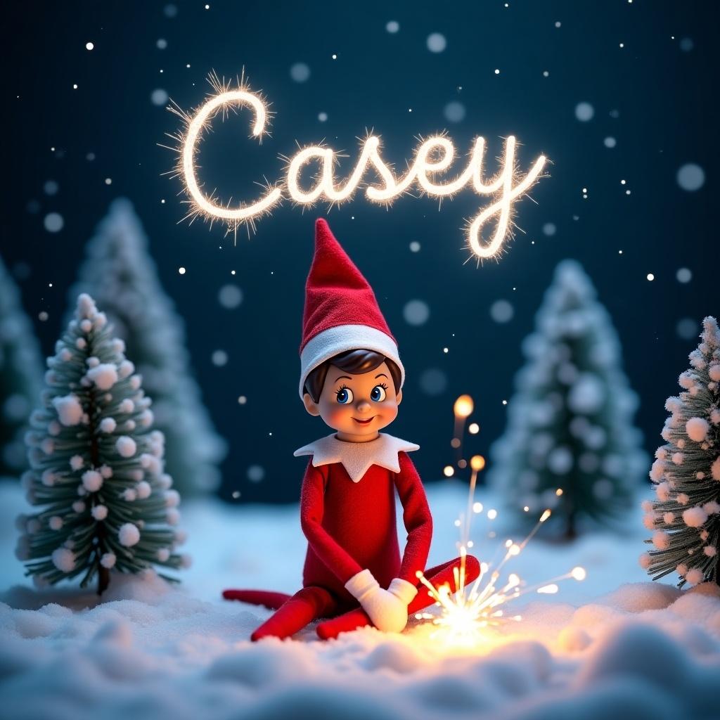 Image of an Elf on the Shelf in a snowy landscape at night. Elf dressed in red and white with a sparkler. Name 'Casey' in sparks above. Snow-covered evergreen trees around. Soft lighting enhances the festive atmosphere.