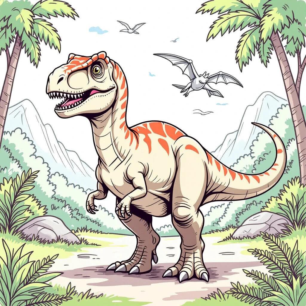 Cartoon dinosaur in a bright and friendly style. Set in a jungle environment with palm trees and mountains. Designed for coloring activities for children.