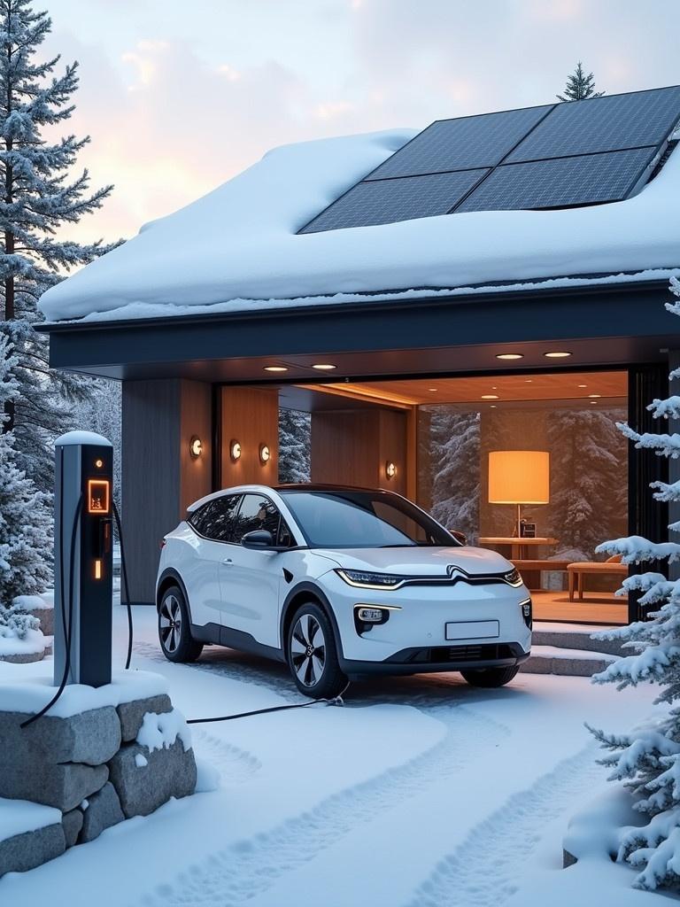 Show an electric vehicle charging station in front of a luxury home. The home features solar panels on the roof. Surroundings are covered in snow. The setting is serene and modern.