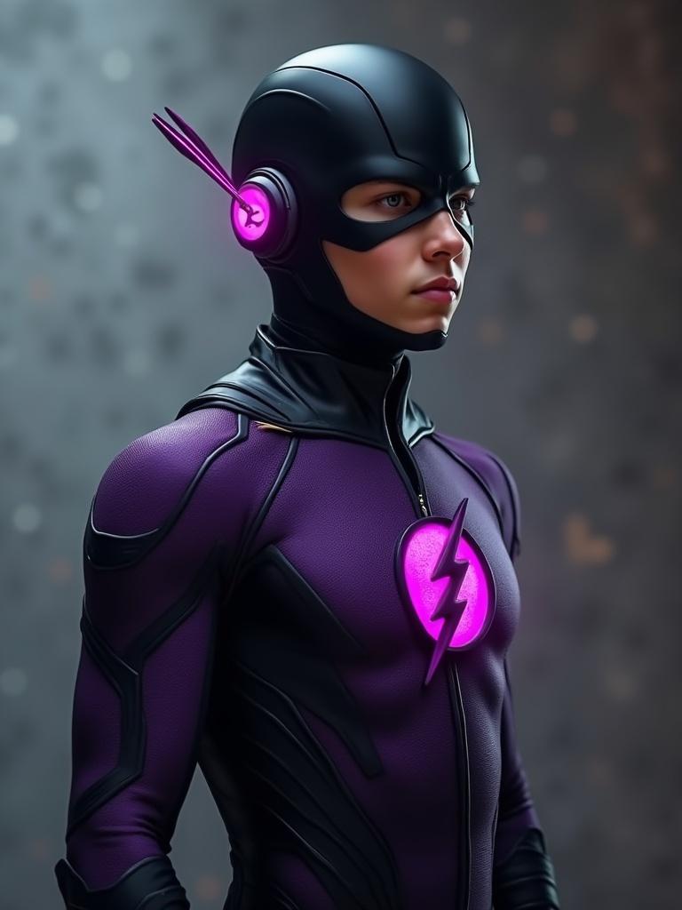 A 16 year old boy wears a black and purple version of the CW Reverse Flash suit. The suit features a prominent lightning bolt symbol. The pose is heroic and confident. The background has a subtle bokeh effect to enhance focus on the character.