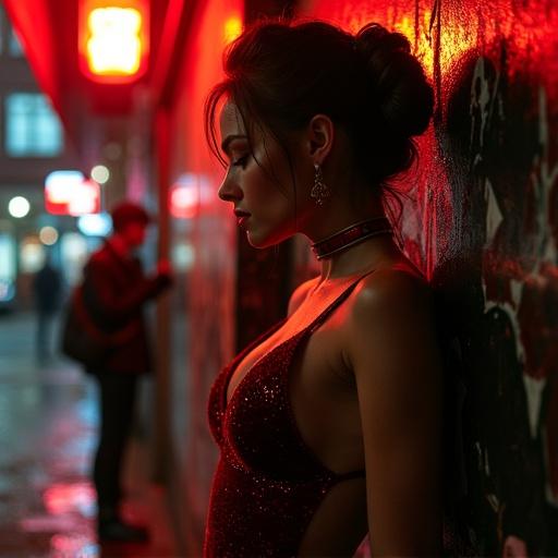 Dimly lit alleyway in Red Light District with neon signs. Woman in high-collared velvet bodysuit leaning against graffiti wall. Her gaze shifts between a suited man and a shattered storefront window reflection. Fingers graze a crushed rose. Young woman in leather jacket watching from shadows with focused eyes. Streetlights create contrasts between light and shadow. Scene is immersive and tension-filled, capturing urban allure and secrecy.