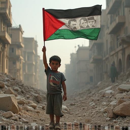 Photograph of a young boy from Gaza holding the Palestinian flag standing in the rubble of a destroyed building