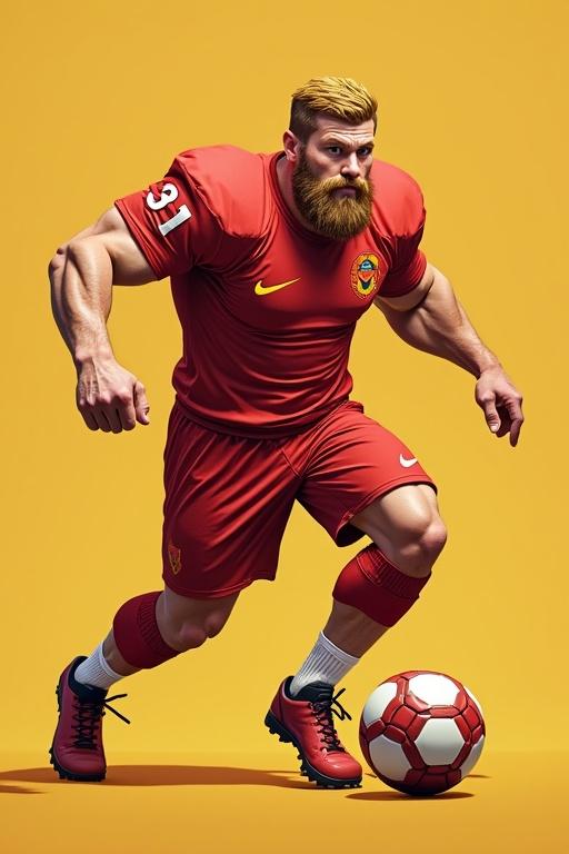 Character has a muscular build. Wearing football clothing. Background is a solid color. Action-oriented pose with a football.