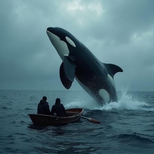 An enormous orca breaches the surface of a dark ocean. A small wooden boat holds two figures gazing in awe. The cloudy sky contrasts with the whale's body. Soft surreal lighting enhances the scene. The color palette remains cool, evoking wonder and respect for nature.