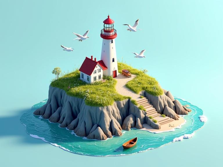 Charming coastal lighthouse on rocky shore with grass and flowers. Clear blue sky and ocean. Small wooden boat nearby. Minimalistic colorful vector style. Peaceful atmosphere.