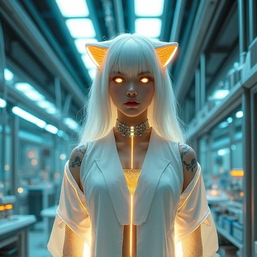 Hyper-realistic portrait of a divine cat goddess fused with advanced science. Beautiful woman has feline features and white silver hair. She has golden vertical cat eyes and soft glowing skin. Twin tails are subtly visible. She wears a futuristic white lab suit infused with kimono elements and goddess gown elements. A golden cat-ear shaped neural interface headpiece is on her head. Her arms have glowing cybernetic tattoos. The background shows holographic displays and floating data panels. High-tech laboratory is visible with glass walls, scientific equipment, glowing containment tubes, and suspended wiring. Ambient soft lights create a sacred technology fusion atmosphere. The angle is dramatic looking up at her, with photorealistic textures captured in a cinematic style.