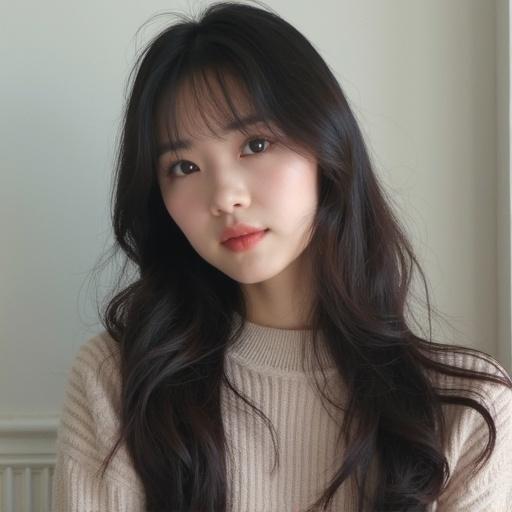 A portrait of a young woman from Korea. She has long dark hair and wears a cozy sweater. Soft natural light illuminates her face, highlighting her features. The background is neutral and simple, focusing on her expression.