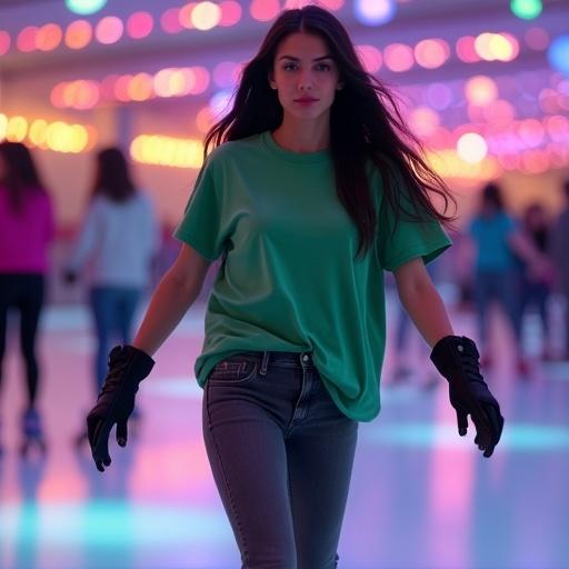 A woman roller skating in a vibrant skating rink. She wears a green oversized T-shirt, dark gray jeans, and black roller skates. She glides gracefully with confidence. Colorful bokeh lights in the background create an energetic atmosphere. Other skaters are also present. The image is realistic and detailed.