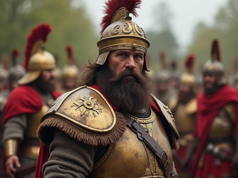 Warrior in ancient armor stands out among his comrades. The setting is reminiscent of first-century Hispania with Celtic influences. An atmosphere of strength and determination prevails.