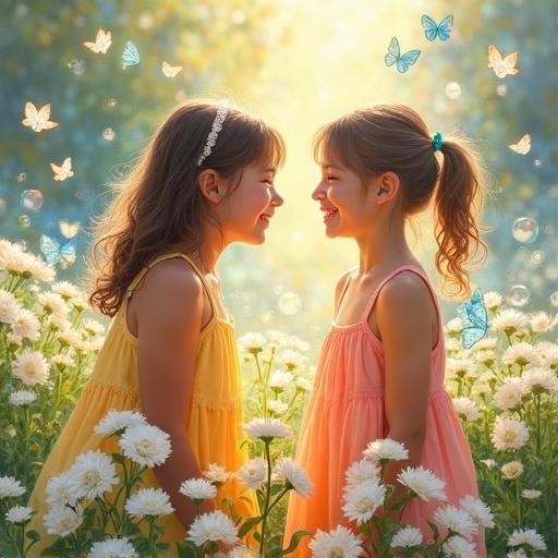 Monet style oil painting. Sunny morning garden with white ranunculus flowers. Two sisters aged six and sixteen wearing bright spring colored dresses. They are smiling at each other. Morning sunlight illuminates the flower garden. Butterflies dance around and bubbles float.