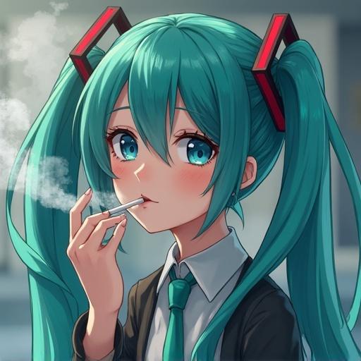 Anime character with green twin-tails and cigarette smoke. Character has a smart outfit with a tie. Expression is relaxed with a hint of mischief. Background is a blurred indoor setting.