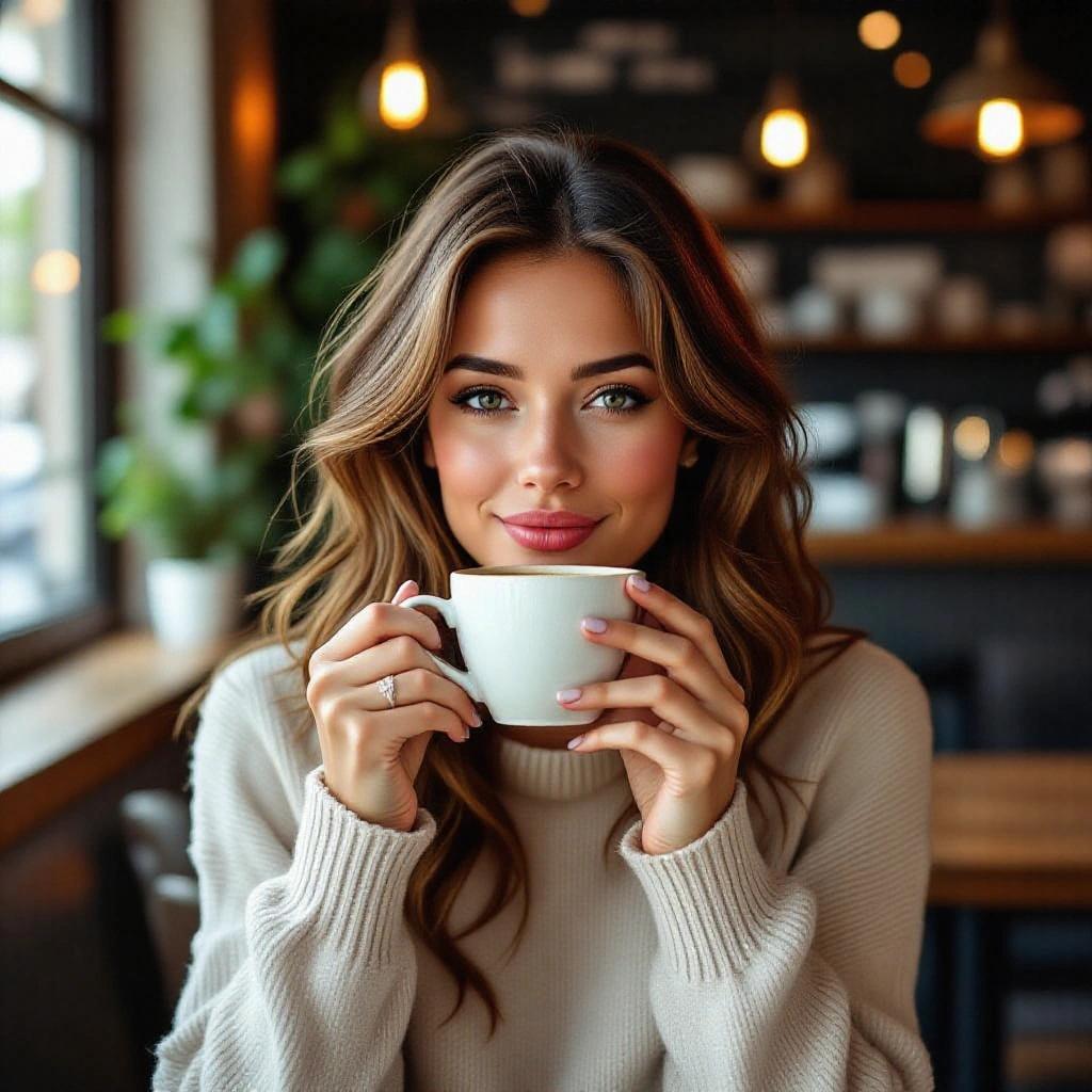 Stunning woman drinking coffee in a cafe setting. She has long hair and a welcoming smile. Soft lighting creates a cozy atmosphere. Indoor plants and decorative elements are visible in the background.