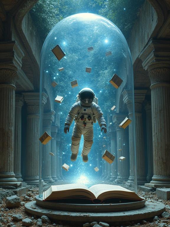 An astronaut is floating inside a glass dome. Books are suspended around them. The background shows ruins of an old planetarium with time-worn columns.