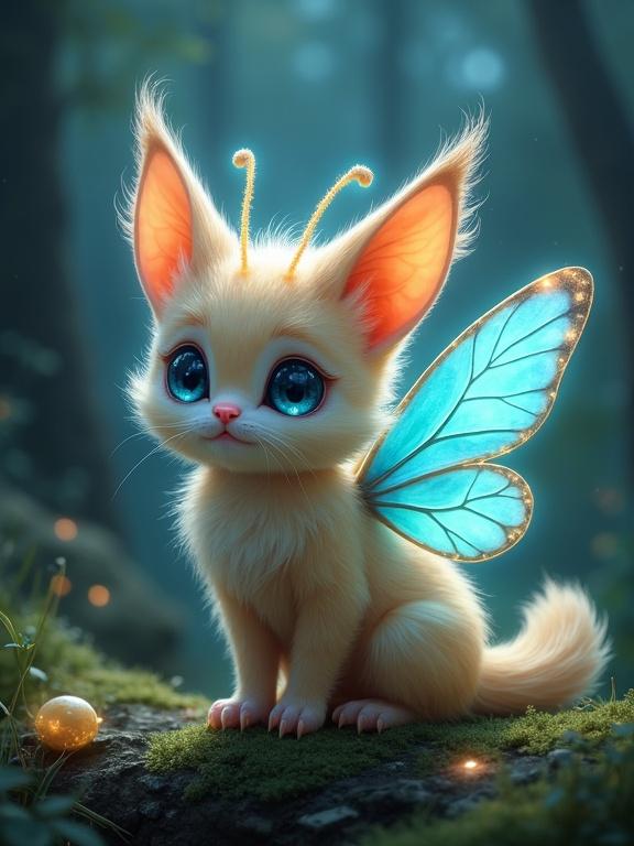 Character description of Lunalix, a magical creature with qualities of a moth, kitten, and faerie; peach-blonde fur, blue luminous eyes, and aqua-blue wings; set in an enchanted forest at night with glowing elements.