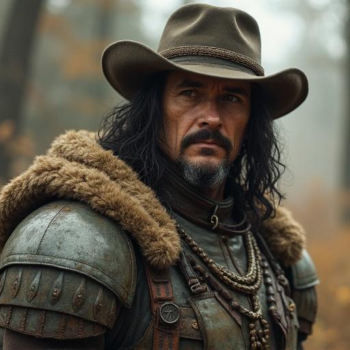 A rugged warrior in detailed armor wearing a hat with a serious expression. Dark hair flows over a fur-lined collar. The background is a forest with muted tones. The overall look is adventurous and gritty.