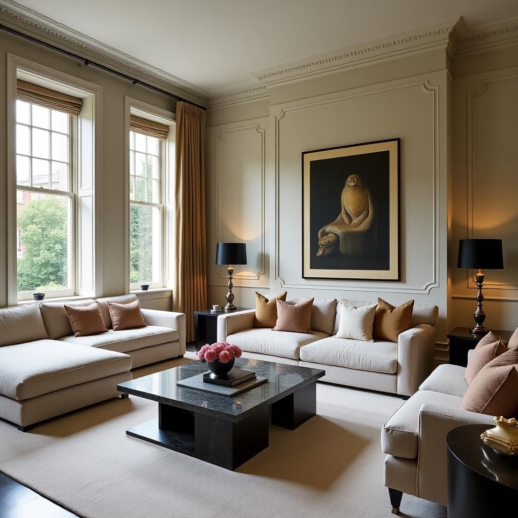 Elegant living room design featuring modern furniture. Neutral tones create a sophisticated atmosphere. Key elements include a coffee table, comfortable sofas, and a large artwork on the wall.