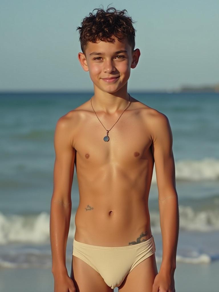 Young muscular teen boy stands on the beach. He wears beige speedos. Soft waves crash in the background. Bright sunlight highlights his physique.