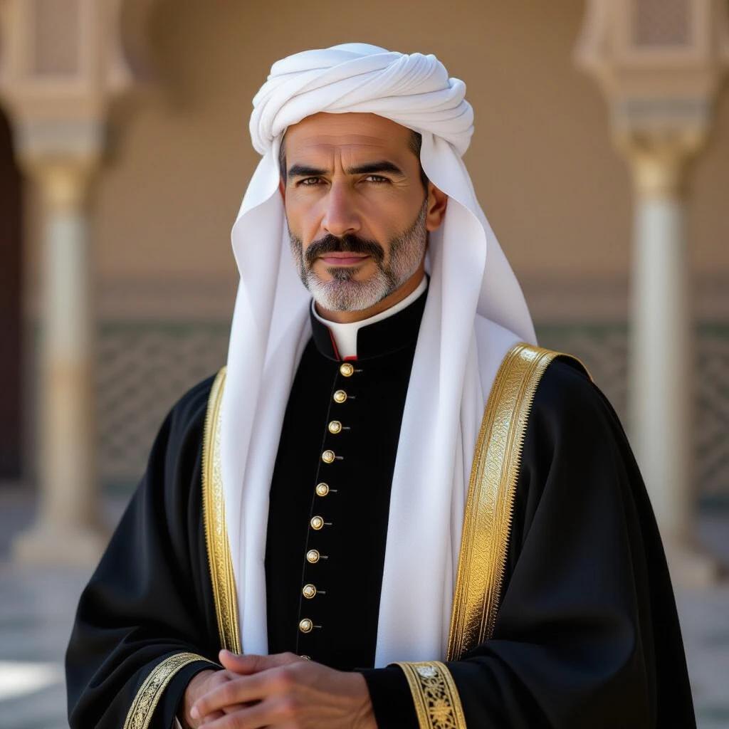 A man wearing traditional Moroccan attire. The attire includes a black robe and a white headscarf with gold detailing. The setting features Moroccan architectural elements in the background. The man stands confidently with his arms crossed.