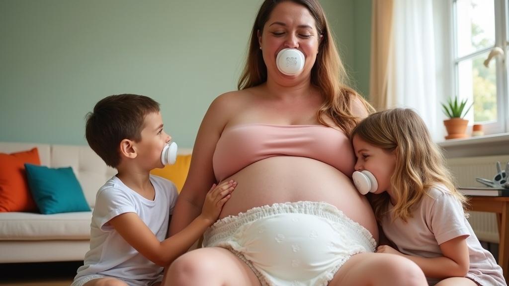 Lighthearted scene featuring mother dressed in large baby costume. Mother wears oversized pacifier and diaper. Two children around 10 years old interact humorously with similar oversized pacifiers. Cheerful living room setting with vibrant colors. Scene conveys joy and familial love.