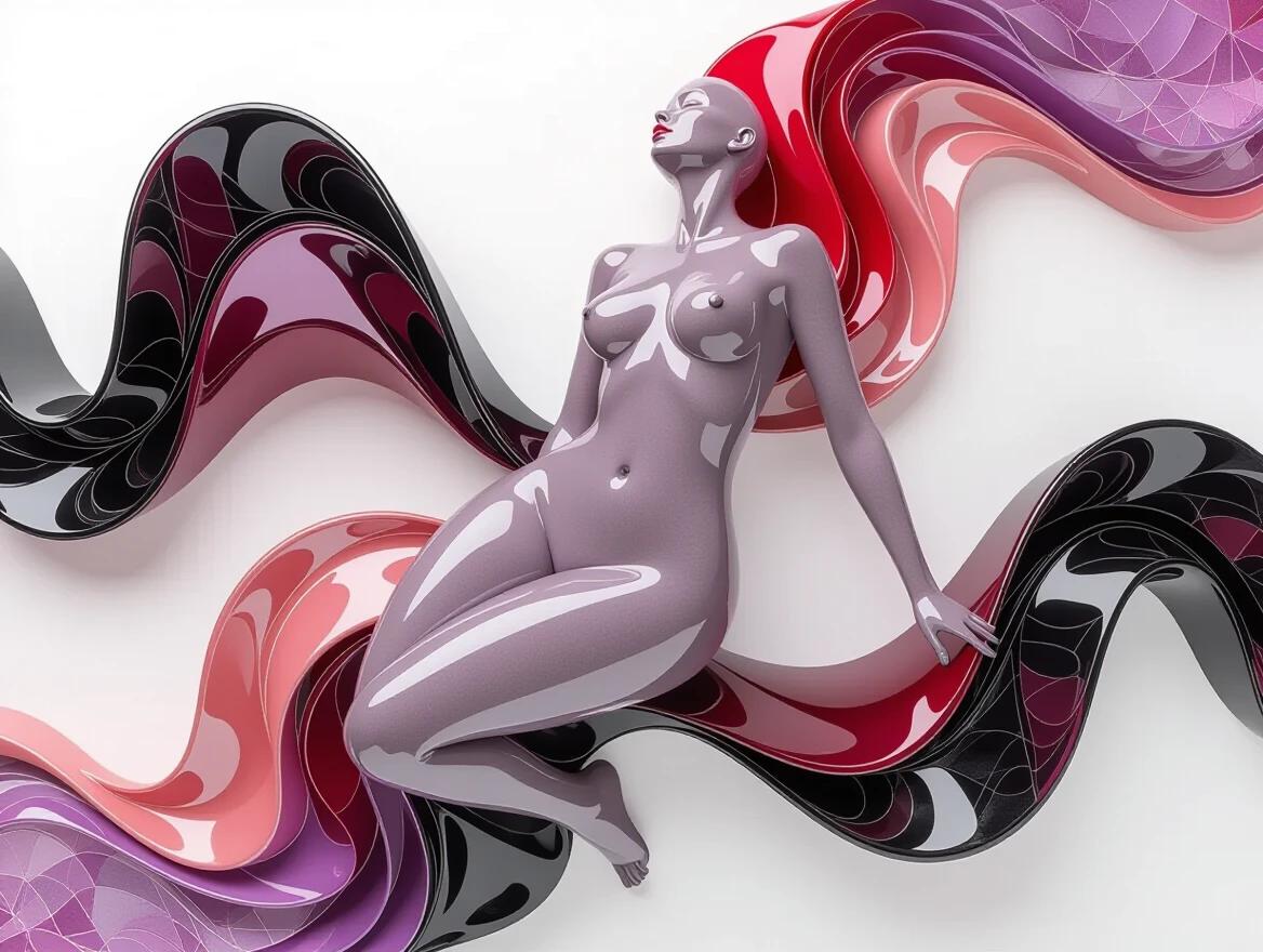Pastel nude body over 3D abstract image. Flowing ribbon-like structure with smooth glossy appearance. Gradient transitions from deep red to black to light grey against plain white background. Subtle shading highlighting curves. Iridescent ceramic and glass elements included.